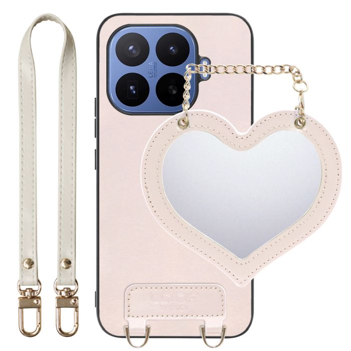 [ LOOF CHARM-SHELL ] Xiaomi 17T Pro シャオミ スマホケース  ハートのミラーチャーム付き シンプル 背面カバー スマホケース ストラップ付 本革 [ Xiaomi 17T Pro ]