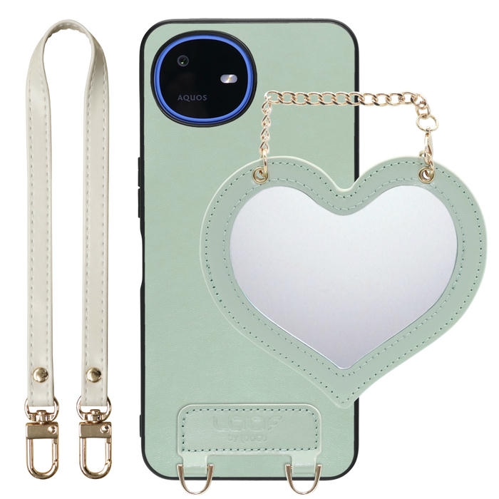 [ LOOF CHARM-SHELL ] AQUOS wish6 SH-M36 スマホケース  ハートのミラーチャーム付き シンプル 背面カバー スマホケース ストラップ付 本革 [ AQUOS wish6 ]