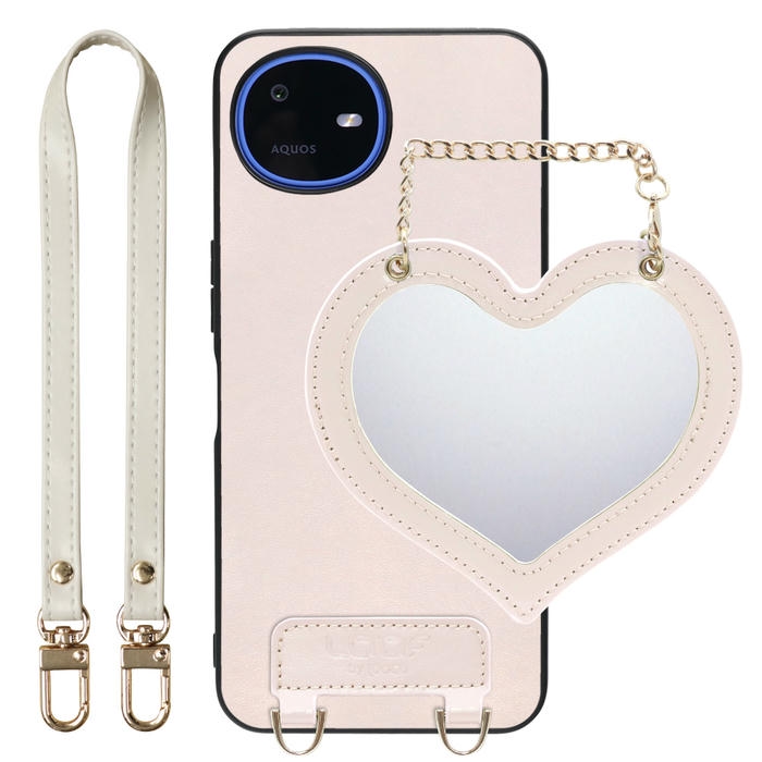 [ LOOF CHARM-SHELL ] AQUOS wish6 SH-M36 スマホケース  ハートのミラーチャーム付き シンプル 背面カバー スマホケース ストラップ付 本革 [ AQUOS wish6 ]