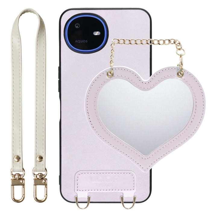 [ LOOF CHARM-SHELL ] AQUOS wish6 SH-M36 スマホケース  ハートのミラーチャーム付き シンプル 背面カバー スマホケース ストラップ付 本革 [ AQUOS wish6 ]