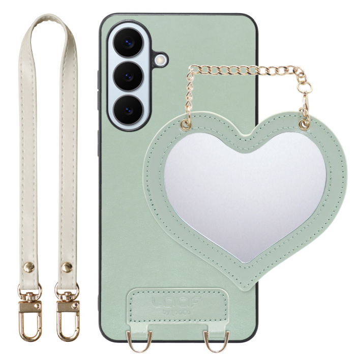 [ LOOF CHARM-SHELL ] Galaxy S26+ Samsung SC-52G スマホケース  ハートのミラーチャーム付き シンプル 背面カバー スマホケース ストラップ付 本革 [ Galaxy S26+ ]