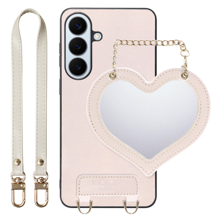 [ LOOF CHARM-SHELL ] Galaxy S26+ Samsung SC-52G スマホケース  ハートのミラーチャーム付き シンプル 背面カバー スマホケース ストラップ付 本革 [ Galaxy S26+ ]