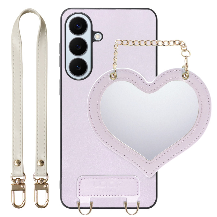 [ LOOF CHARM-SHELL ] Galaxy S26+ Samsung SC-52G スマホケース  ハートのミラーチャーム付き シンプル 背面カバー スマホケース ストラップ付 本革 [ Galaxy S26+ ]