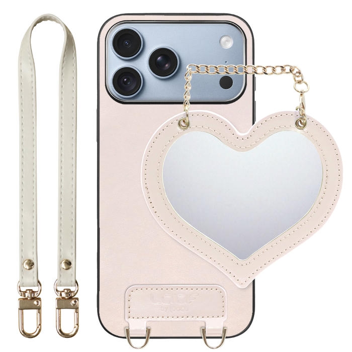 [ LOOF CHARM-SHELL ] iPhone 18 Pro Max iPhone18 Pro Max アイフォン18 プロ マックス スマホケース  ハートのミラーチャーム付き シンプル 背面カバー スマホケース ストラップ付 本革 [ iPhone 18 Pro Max ]