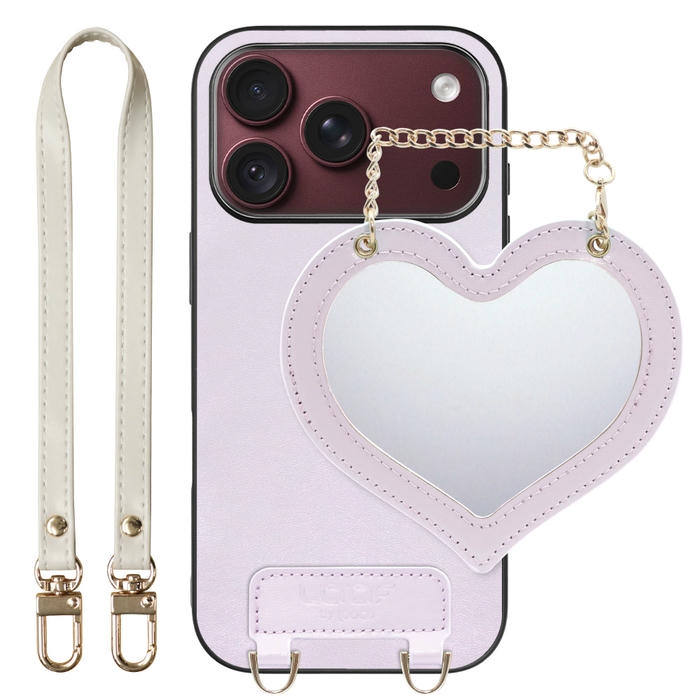 [ LOOF CHARM-SHELL ] iPhone 18 Pro iPhone18 Pro アイフォン18 プロ スマホケース  ハートのミラーチャーム付き シンプル 背面カバー スマホケース ストラップ付 本革 [ iPhone 18 Pro ]