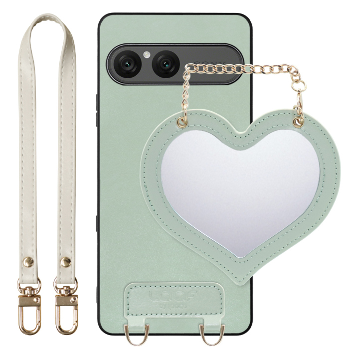[ LOOF CHARM-SHELL ] Xperia 10 VIII  スマホケース  ハートのミラーチャーム付き シンプル 背面カバー スマホケース ストラップ付 本革 [ Xperia 10 VIII ]