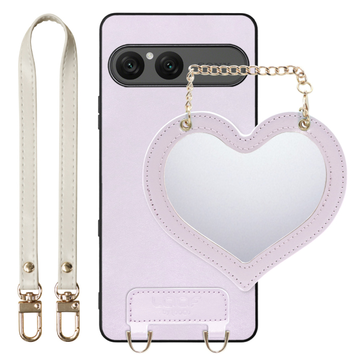 [ LOOF CHARM-SHELL ] Xperia 10 VIII  スマホケース  ハートのミラーチャーム付き シンプル 背面カバー スマホケース ストラップ付 本革 [ Xperia 10 VIII ]