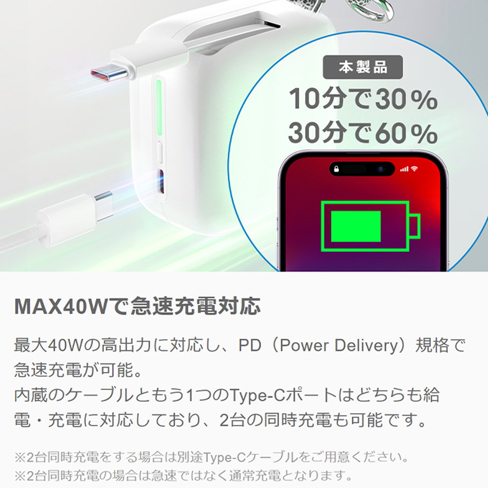 LOOF モバイルバッテリー 巻き取り式 リール 伸縮ケーブル 70cm 10000ｍAh 大容量 40W PD対応 急速充電 ケーブル内蔵 充電 スマホ充電器 モバイルバッテリー Type-C タイプC Android iPhone 2台同時充電 ストラップ 持ち運び カラビナ 小型 マグネット