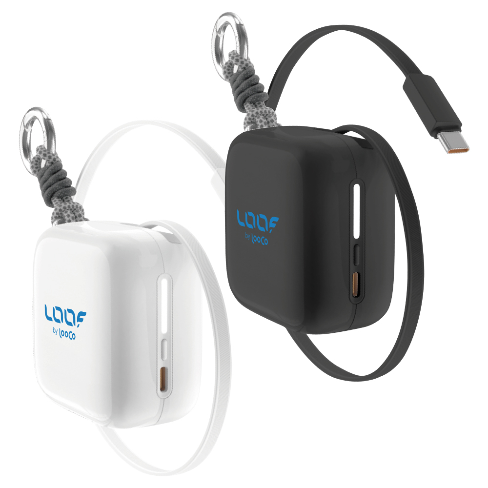 LOOF モバイルバッテリー 巻き取り式 リール 伸縮ケーブル 70cm 10000ｍAh 大容量 40W PD対応 急速充電 ケーブル内蔵 充電 スマホ充電器 モバイルバッテリー Type-C タイプC Android iPhone 2台同時充電 ストラップ 持ち運び カラビナ 小型 マグネット