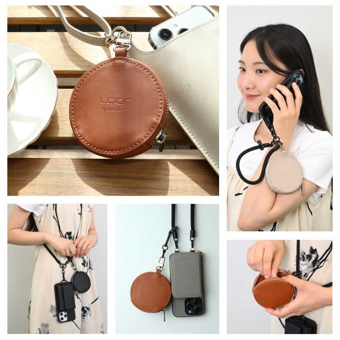 LOOF カラビナ付き本革ポーチ 丸型 小物収納ケース 本革 カラビナ 小銭入れ ポーチ ミニポーチ マルチポーチ コインケース ジュエリーポーチ コンパクト かわいい オシャレ レディース メンズ シンプル コード収納 小物入れ ラウンドポーチ レザー ショルダー ラウンド