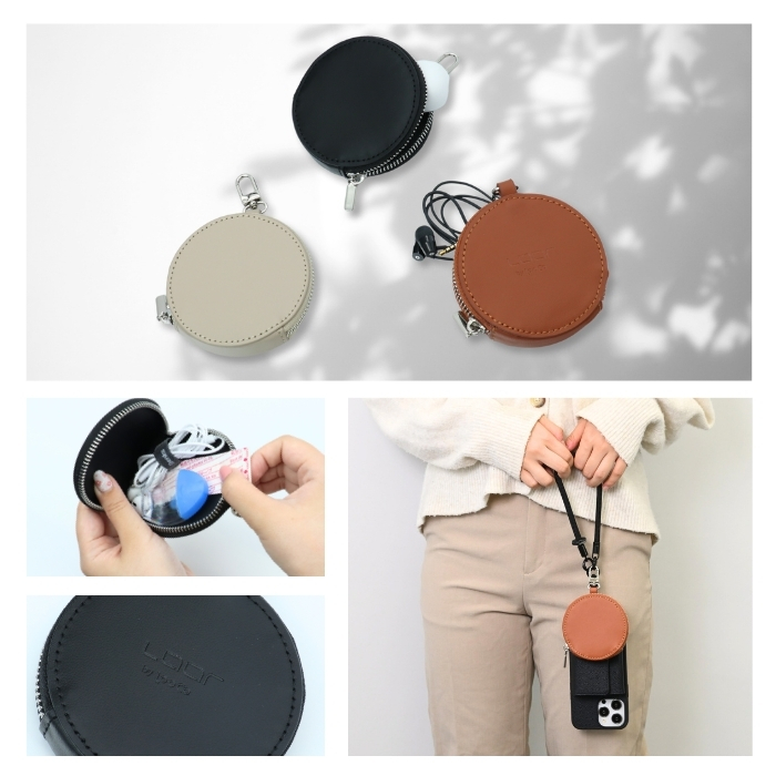 LOOF カラビナ付き本革ポーチ 丸型 小物収納ケース 本革 カラビナ 小銭入れ ポーチ ミニポーチ マルチポーチ コインケース ジュエリーポーチ コンパクト かわいい オシャレ レディース メンズ シンプル コード収納 小物入れ ラウンドポーチ レザー ショルダー ラウンド