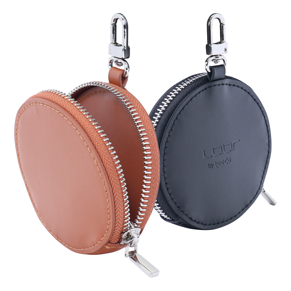 LOOF カラビナ付き本革ポーチ 丸型 小物収納ケース 本革 カラビナ 小銭入れ ポーチ ミニポーチ マルチポーチ コインケース ジュエリーポーチ コンパクト かわいい オシャレ レディース メンズ シンプル コード収納 小物入れ ラウンドポーチ レザー ショルダー ラウンド