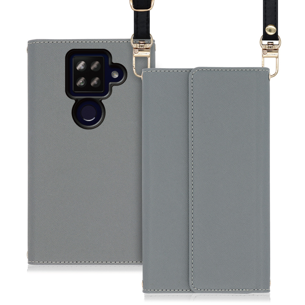 LOOF Strap Series AQUOS sense4 plus 用 [グレー] 両手が使える ネックストラップ ショルダー ロングストラップ付きケース カード収納 幅広ポケット