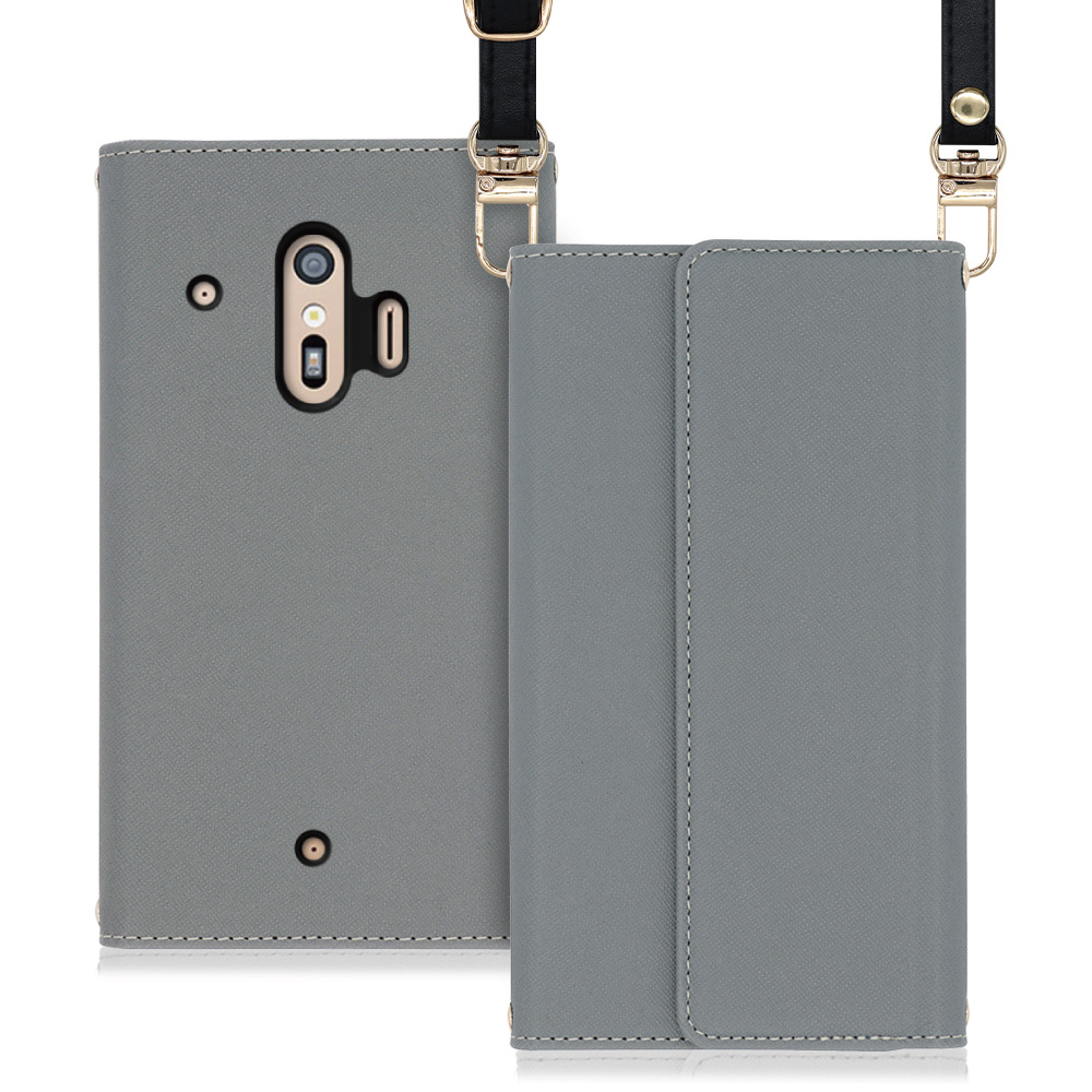 LOOF Strap FUJITSU らくらくスマートフォン(me) F-42A / F-01L 用 [グレー] 両手が使える ネックストラップ ショルダー ロングストラップ付きケース カード収納 幅広ポケット