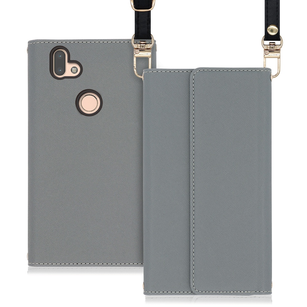 LOOF Strap FUJITSU arrows RX / M05 用 [グレー] 両手が使える ネックストラップ ショルダー ロングストラップ付きケース カード収納 幅広ポケット