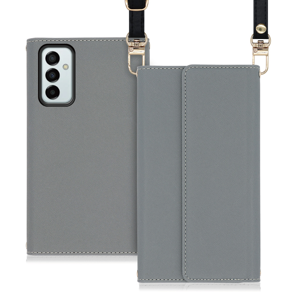 LOOF Strap Galaxy M23 5G 用 [グレー] 両手が使える ネックストラップ ショルダー ロングストラップ付きケース カード収納 幅広ポケット