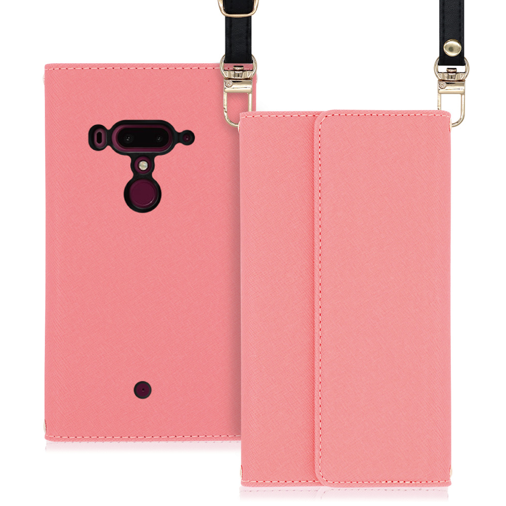 LOOF Strap HTC U12+ 用 [ピンク] 両手が使える ネックストラップ ショルダー ロングストラップ付きケース カード収納 幅広ポケット