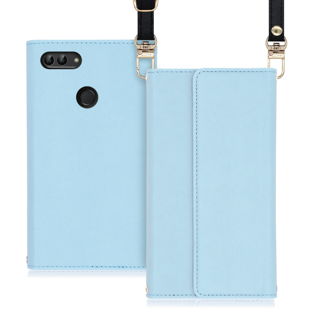 LOOF Strap HUAWEI nova lite 2 / 704HW 用 [ブルー] 両手が使える ネックストラップ ショルダー ロングストラップ付きケース カード収納 幅広ポケット