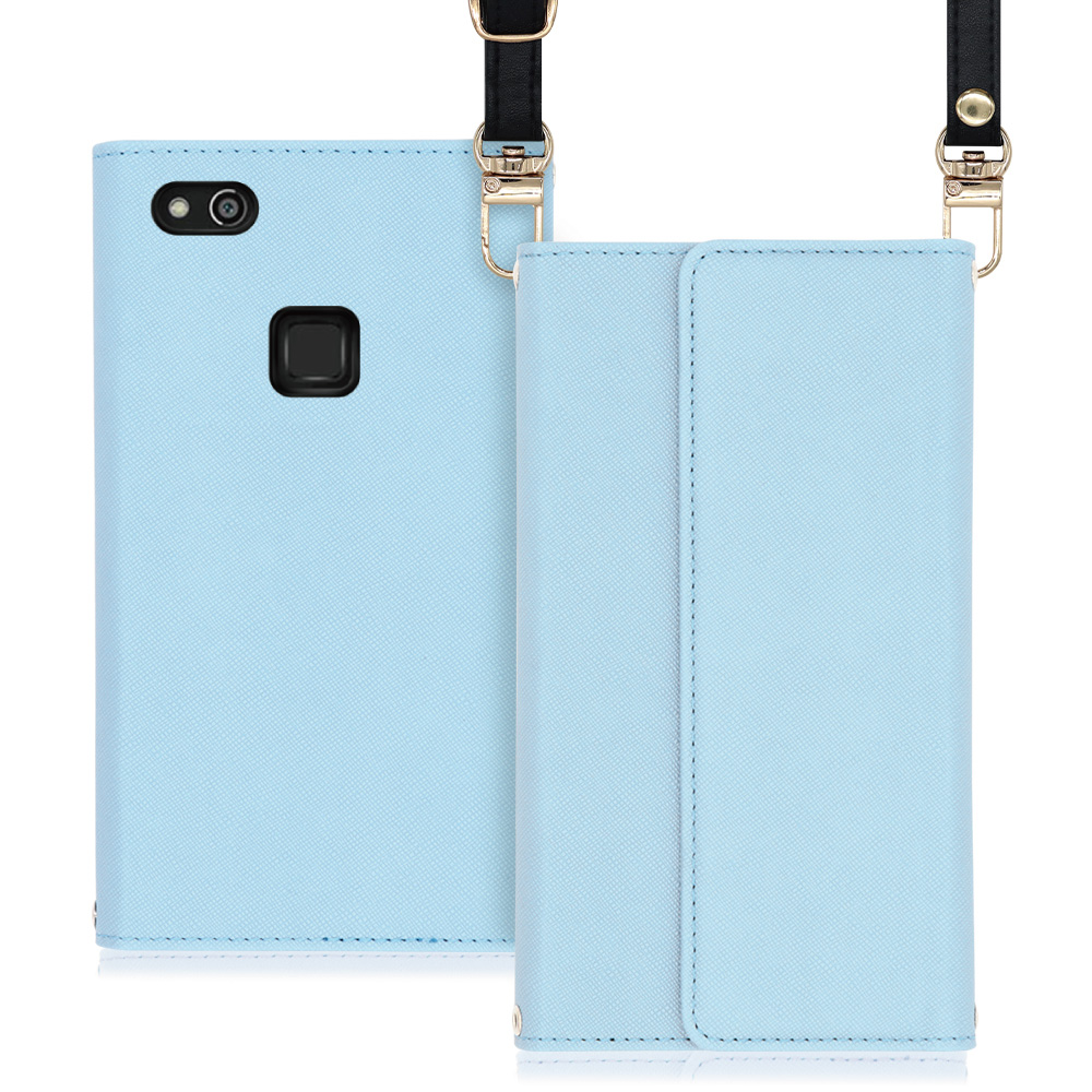 LOOF Strap HUAWEI P10 lite 用 [ブルー] 両手が使える ネックストラップ ショルダー ロングストラップ付きケース カード収納 幅広ポケット