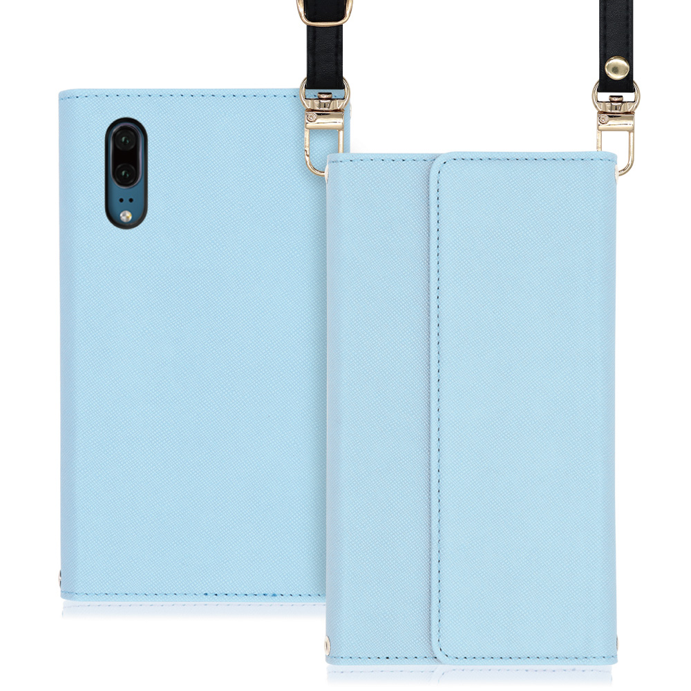 LOOF Strap HUAWEI P20 用 [ブルー] 両手が使える ネックストラップ ショルダー ロングストラップ付きケース カード収納 幅広ポケット