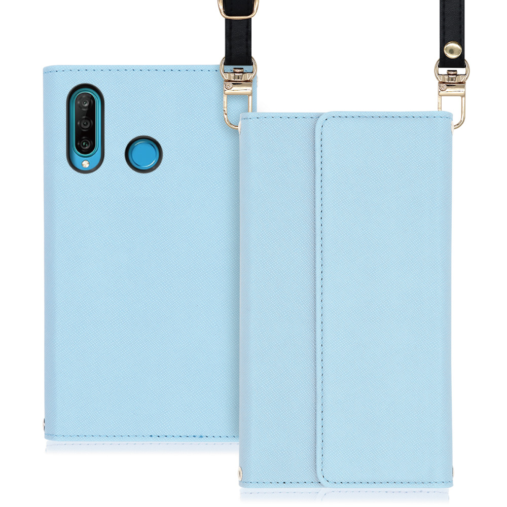 LOOF Strap HUAWEI P30 lite / lite Premium 用 [ブルー] 両手が使える ネックストラップ ショルダー ロングストラップ付きケース カード収納 幅広ポケット