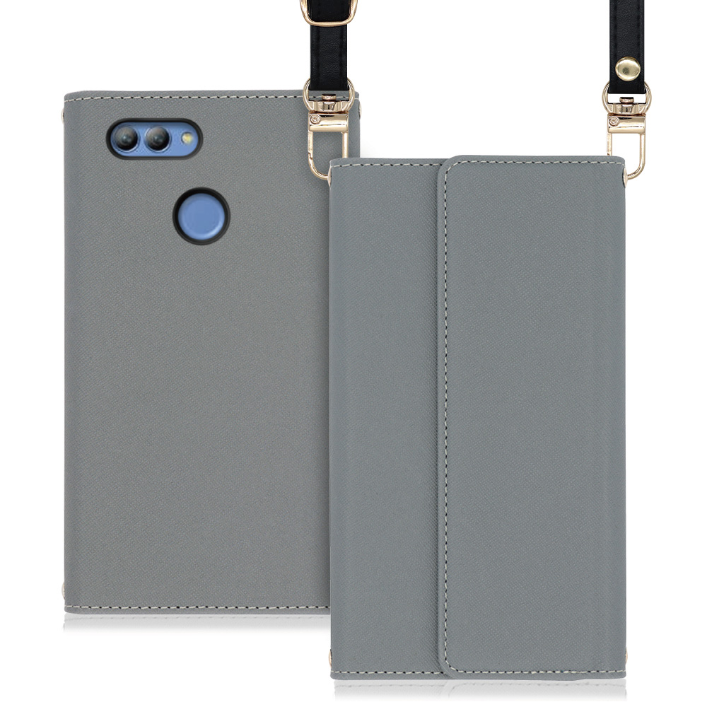 LOOF Strap HUAWEI nova 2 / HMV31 用 [グレー] 両手が使える ネックストラップ ショルダー ロングストラップ付きケース カード収納 幅広ポケット