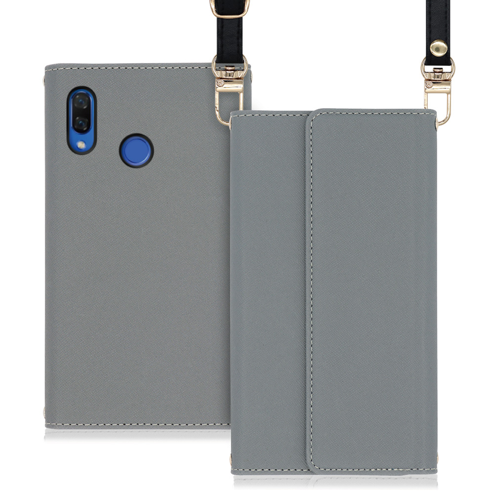 LOOF Strap HUAWEI nova 3 / PAR-LX9 用 [グレー] 両手が使える ネックストラップ ショルダー ロングストラップ付きケース カード収納 幅広ポケット