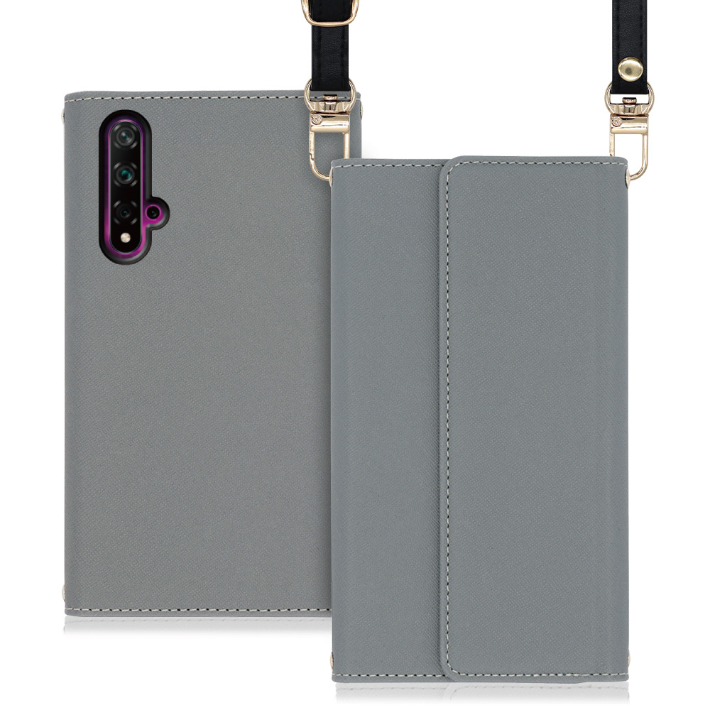 LOOF Strap HUAWEI nova 5T 用 [グレー] 両手が使える ネックストラップ ショルダー ロングストラップ付きケース カード収納 幅広ポケット