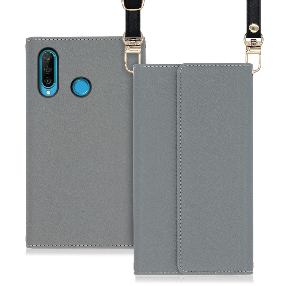 LOOF Strap HUAWEI P30 lite / lite Premium 用 [グレー] 両手が使える ネックストラップ ショルダー ロングストラップ付きケース カード収納 幅広ポケット