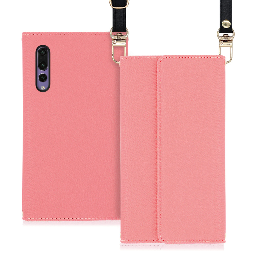 LOOF Strap HUAWEI P20 Pro 用 [ピンク] 両手が使える ネックストラップ ショルダー ロングストラップ付きケース カード収納 幅広ポケット