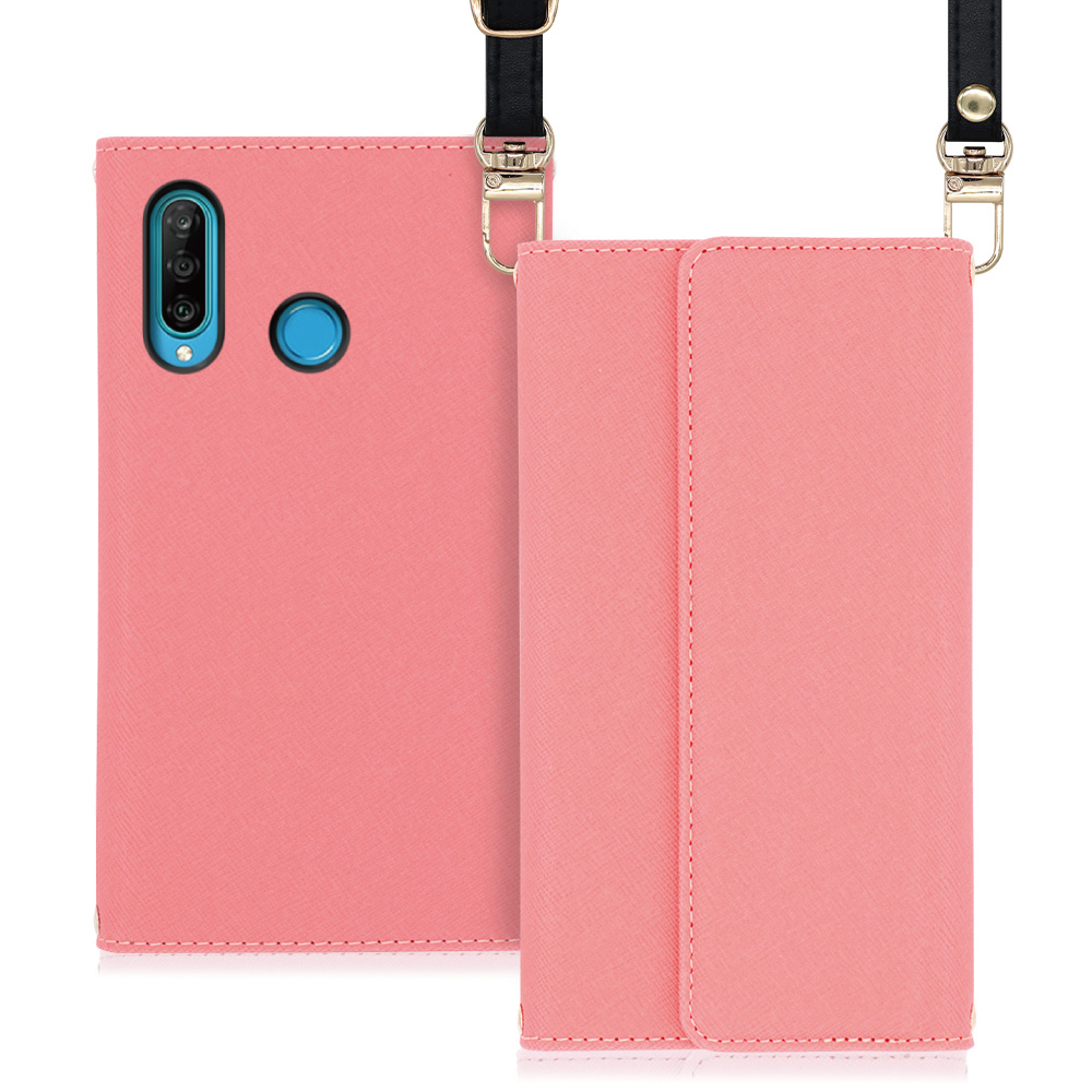 LOOF Strap HUAWEI P30 lite / lite Premium 用 [ピンク] 両手が使える ネックストラップ ショルダー ロングストラップ付きケース カード収納 幅広ポケット