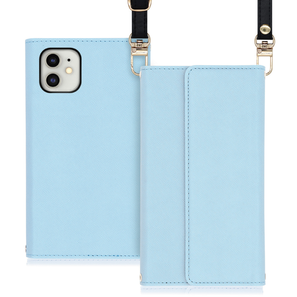 LOOF Strap iPhone 11 用 [ブルー] 両手が使える ネックストラップ ショルダー ロングストラップ付きケース カード収納 幅広ポケット