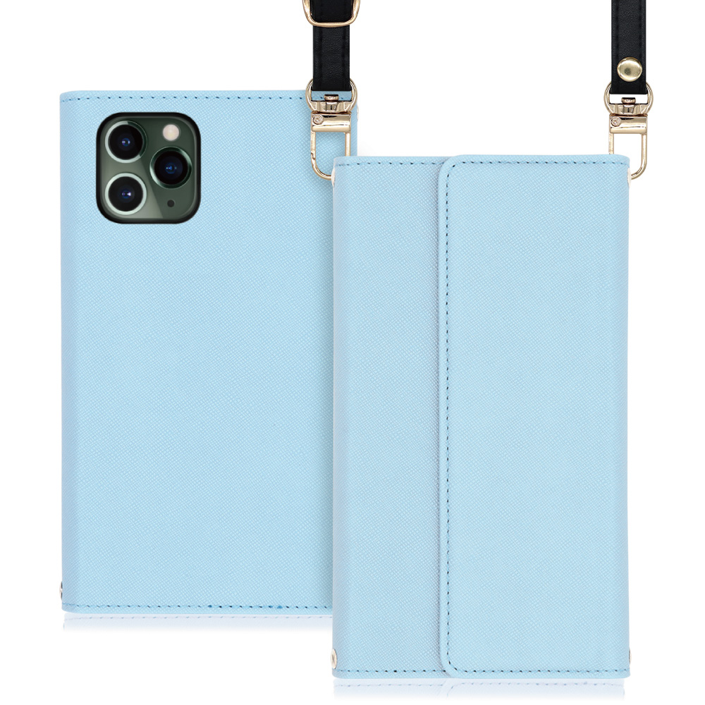 LOOF Strap iPhone 11 Pro 用 [ブルー] 両手が使える ネックストラップ ショルダー ロングストラップ付きケース カード収納 幅広ポケット