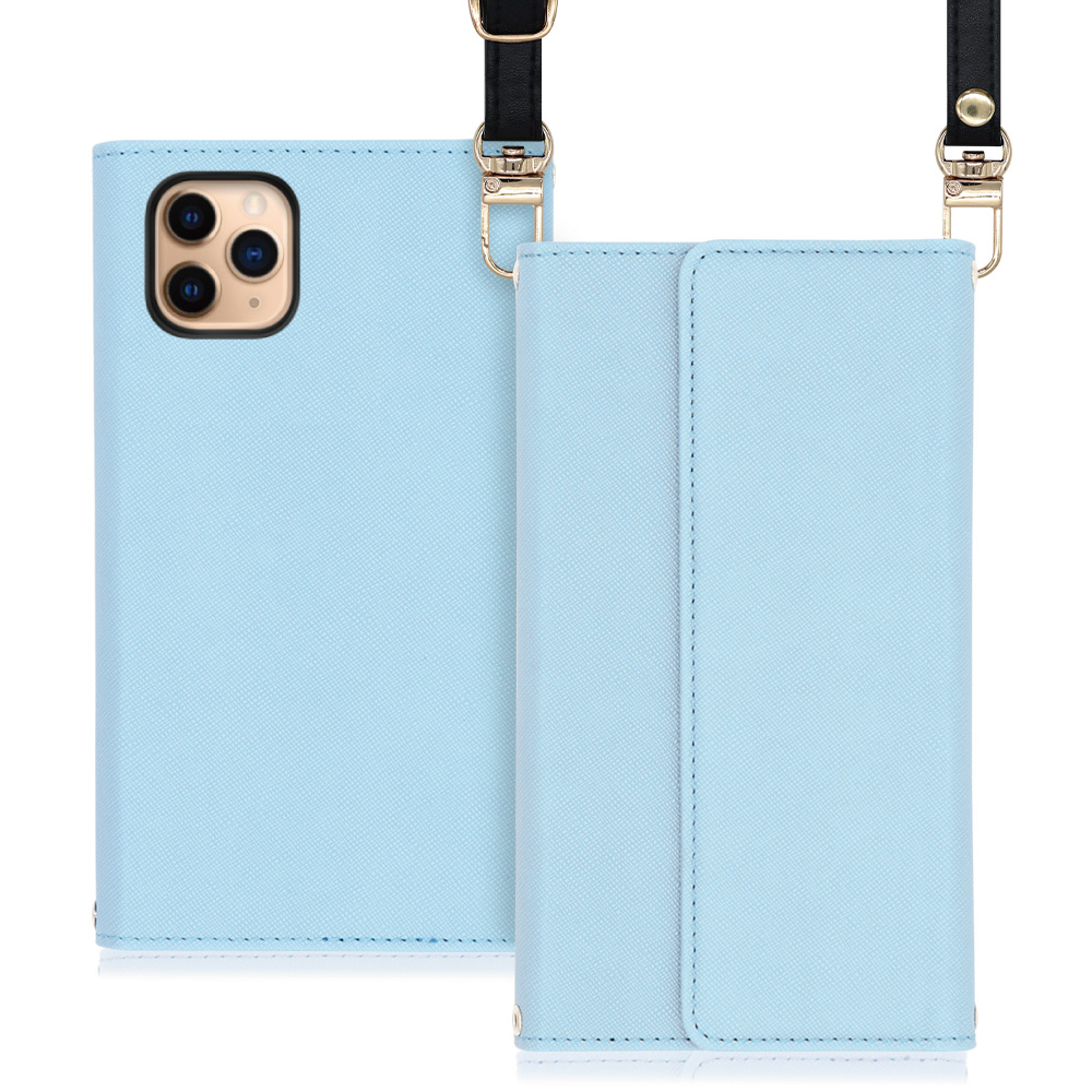 LOOF Strap iPhone 11 Pro Max 用 [ブルー] 両手が使える ネックストラップ ショルダー ロングストラップ付きケース カード収納 幅広ポケット