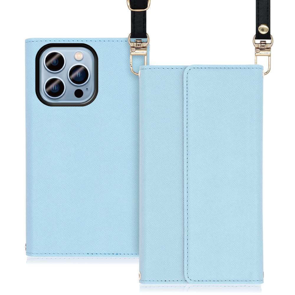 LOOF Strap Series iPhone 14 Pro Max 用 [ブルー] 両手が使える ネックストラップ ショルダー ロングストラップ付きケース カード収納 幅広ポケット