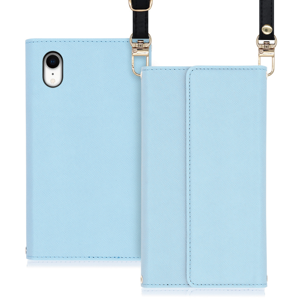 LOOF Strap iPhone XR 用 [ブルー] 両手が使える ネックストラップ ショルダー ロングストラップ付きケース カード収納 幅広ポケット