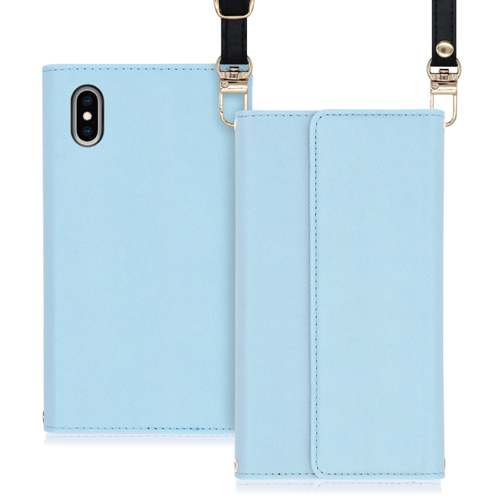 LOOF Strap iPhone XS Max 用 [ブルー] 両手が使える ネックストラップ ショルダー ロングストラップ付きケース カード収納 幅広ポケット