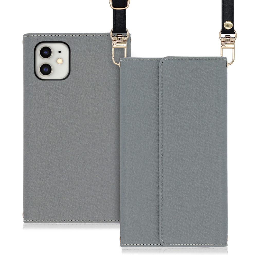 LOOF Strap iPhone 11 用 [グレー] 両手が使える ネックストラップ ショルダー ロングストラップ付きケース カード収納 幅広ポケット