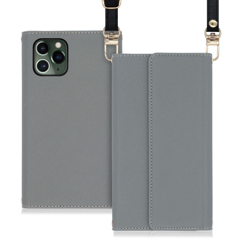 LOOF Strap iPhone 11 Pro 用 [グレー] 両手が使える ネックストラップ ショルダー ロングストラップ付きケース カード収納 幅広ポケット