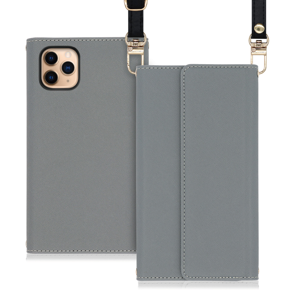 LOOF Strap iPhone 11 Pro Max 用 [グレー] 両手が使える ネックストラップ ショルダー ロングストラップ付きケース カード収納 幅広ポケット