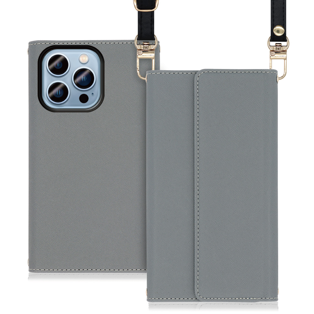 LOOF Strap Series iPhone 14 Pro Max 用 [グレー] 両手が使える ネックストラップ ショルダー ロングストラップ付きケース カード収納 幅広ポケット