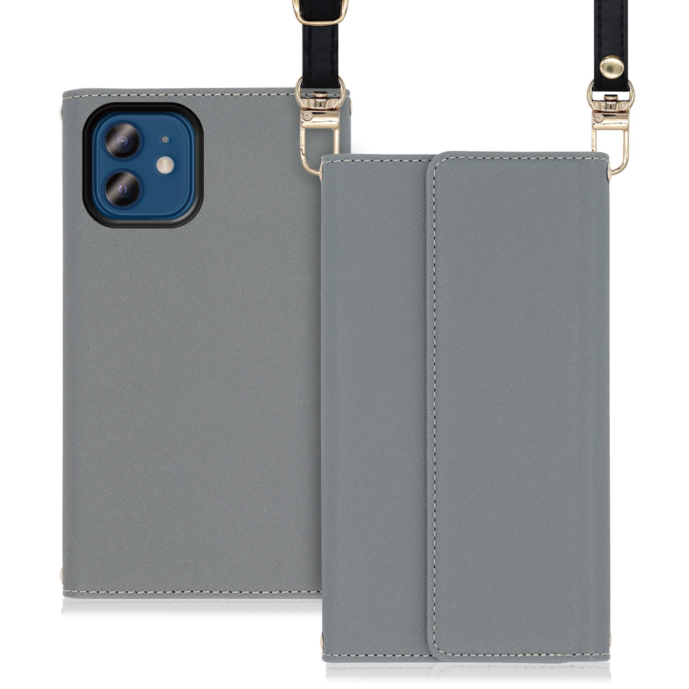 LOOF Strap Series iPhone 12 / 12 Pro 用 [グレー] 両手が使える ネックストラップ ショルダー ロングストラップ付きケース カード収納 幅広ポケット