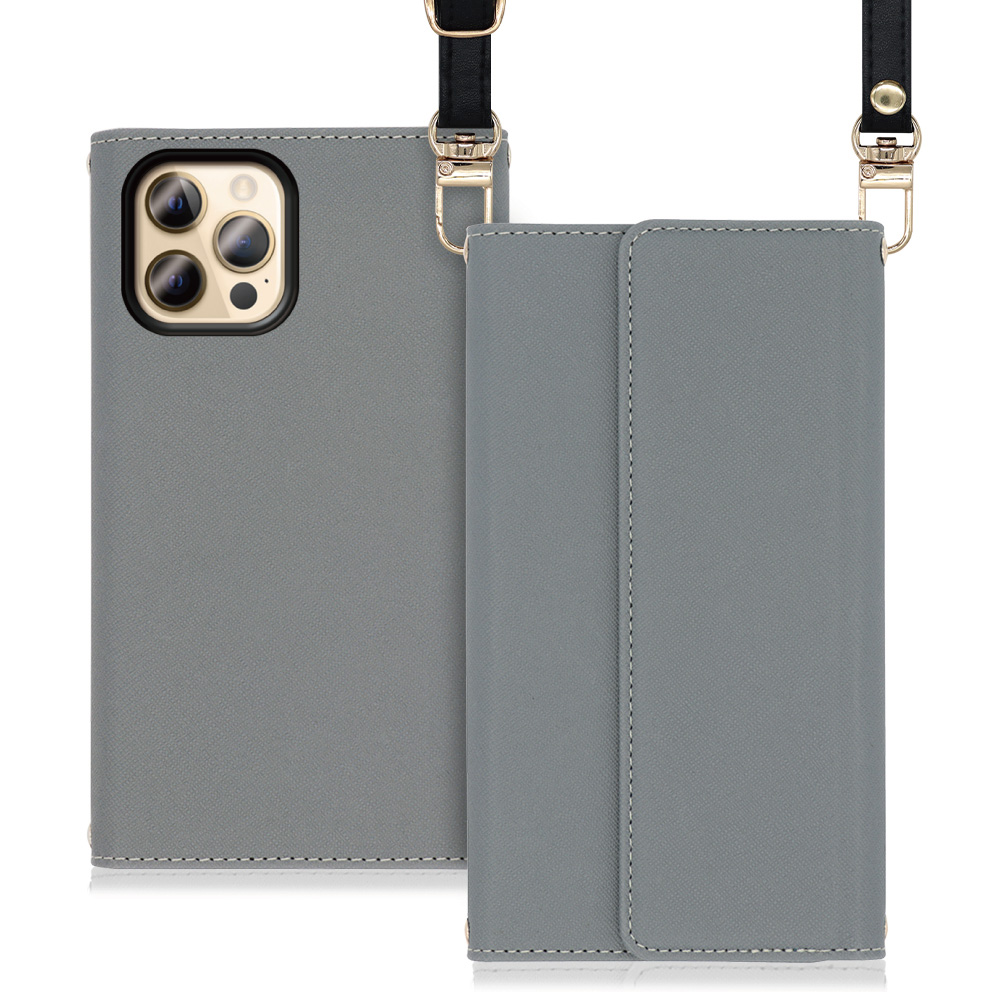 LOOF Strap Series iPhone 12 Pro Max 用 [グレー] 両手が使える ネックストラップ ショルダー ロングストラップ付きケース カード収納 幅広ポケット