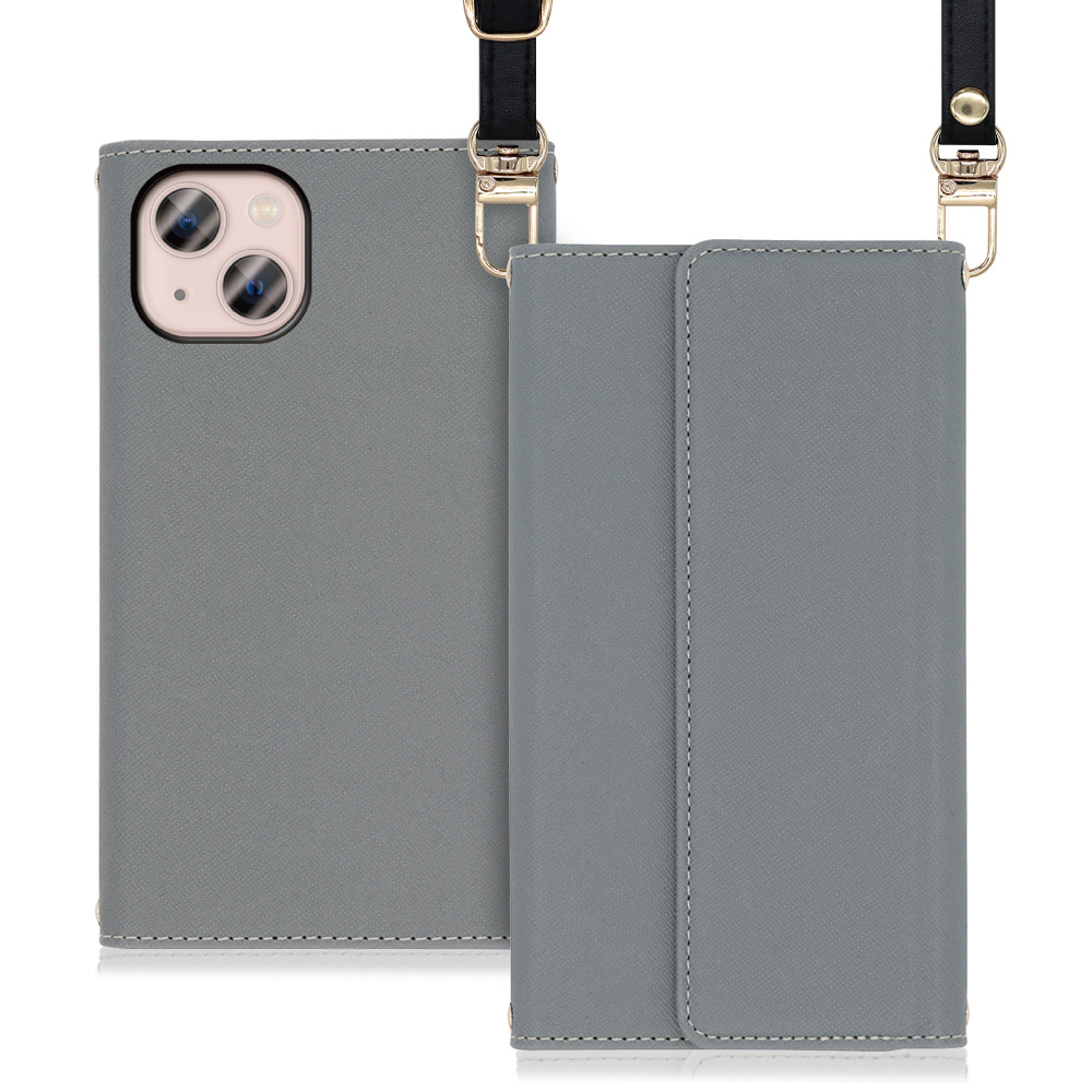 LOOF Strap Series iPhone 13  用 [グレー] 両手が使える ネックストラップ ショルダー ロングストラップ付きケース カード収納 幅広ポケット