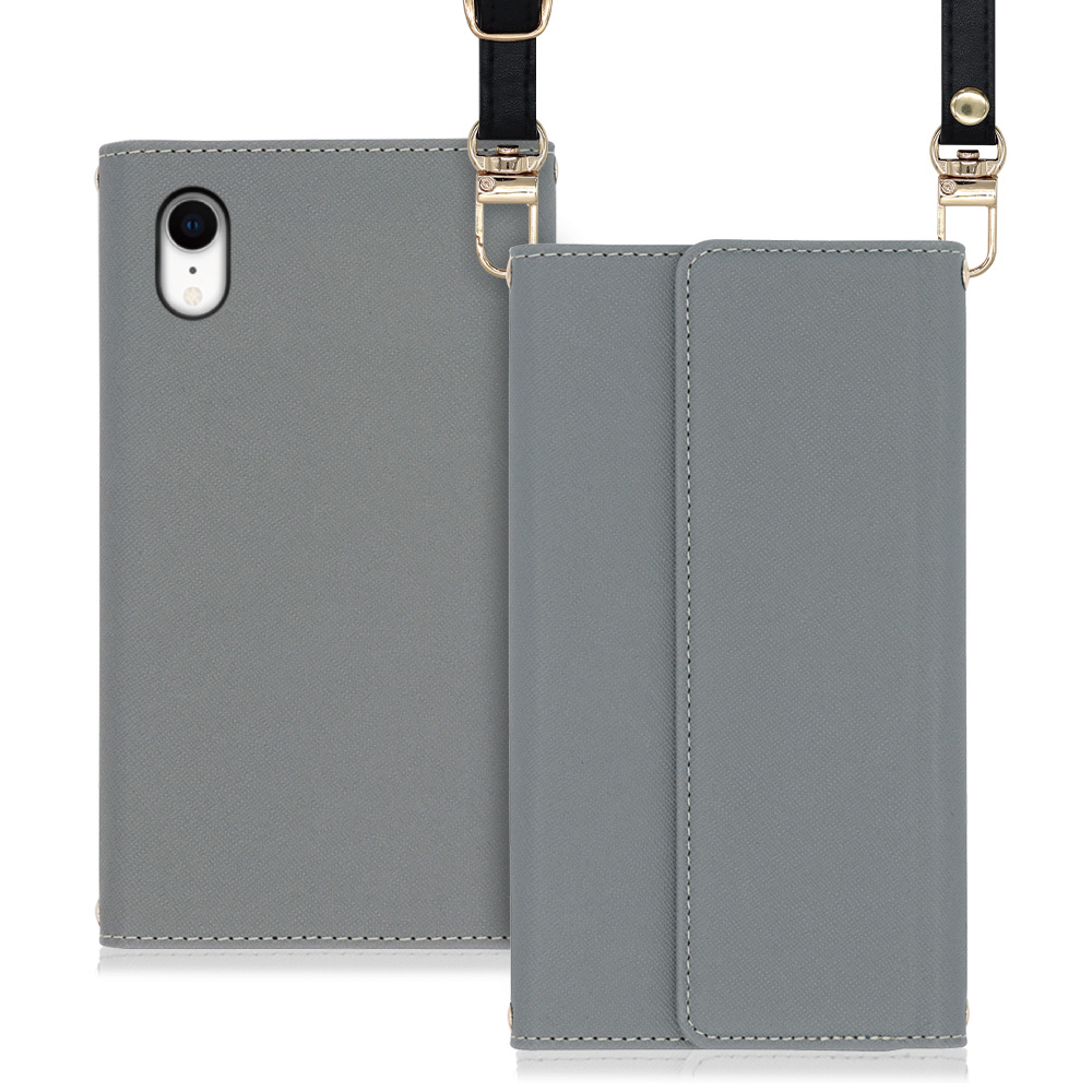 LOOF Strap iPhone XR 用 [グレー] 両手が使える ネックストラップ ショルダー ロングストラップ付きケース カード収納 幅広ポケット