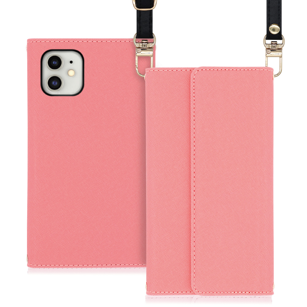 LOOF Strap iPhone 11 用 [ピンク] 両手が使える ネックストラップ ショルダー ロングストラップ付きケース カード収納 幅広ポケット