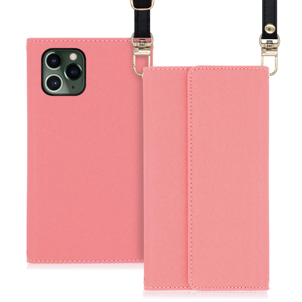 LOOF Strap iPhone 11 Pro 用 [ピンク] 両手が使える ネックストラップ ショルダー ロングストラップ付きケース カード収納 幅広ポケット