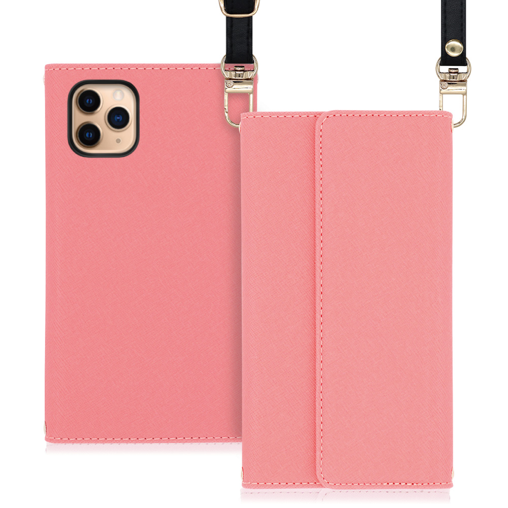 LOOF Strap iPhone 11 Pro Max 用 [ピンク] 両手が使える ネックストラップ ショルダー ロングストラップ付きケース カード収納 幅広ポケット
