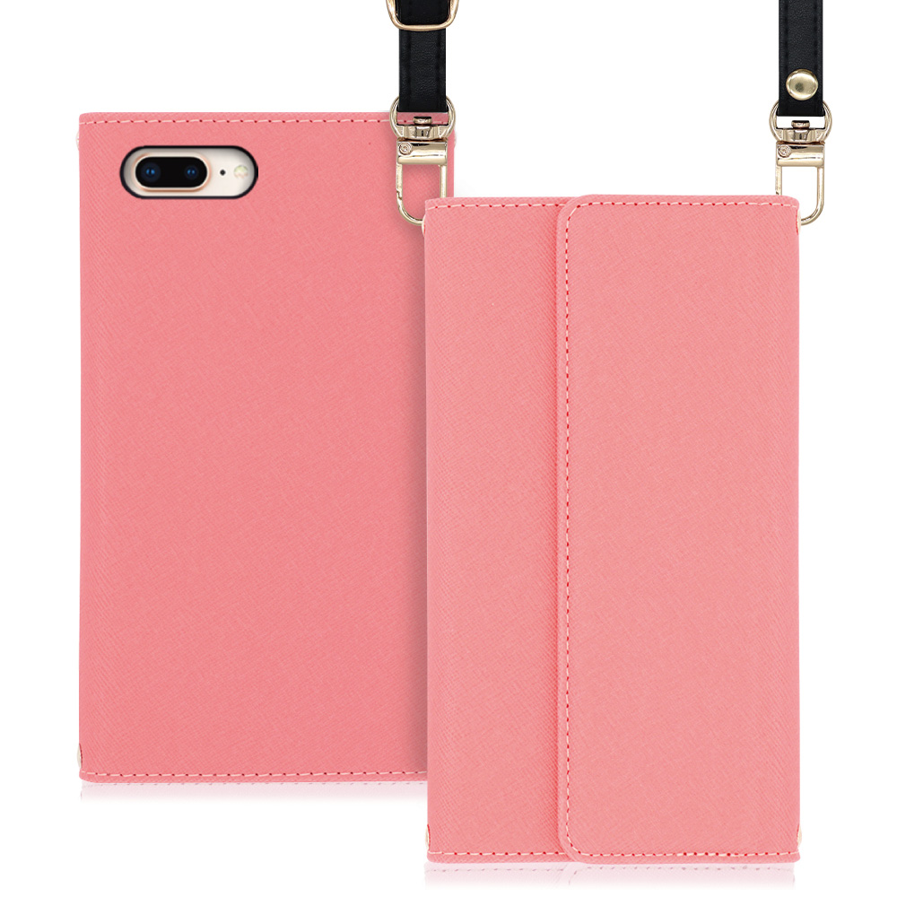 LOOF Strap iPhone 7 Plus / 8 Plus 用 [ピンク] 両手が使える ネックストラップ ショルダー ロングストラップ付きケース カード収納 幅広ポケット