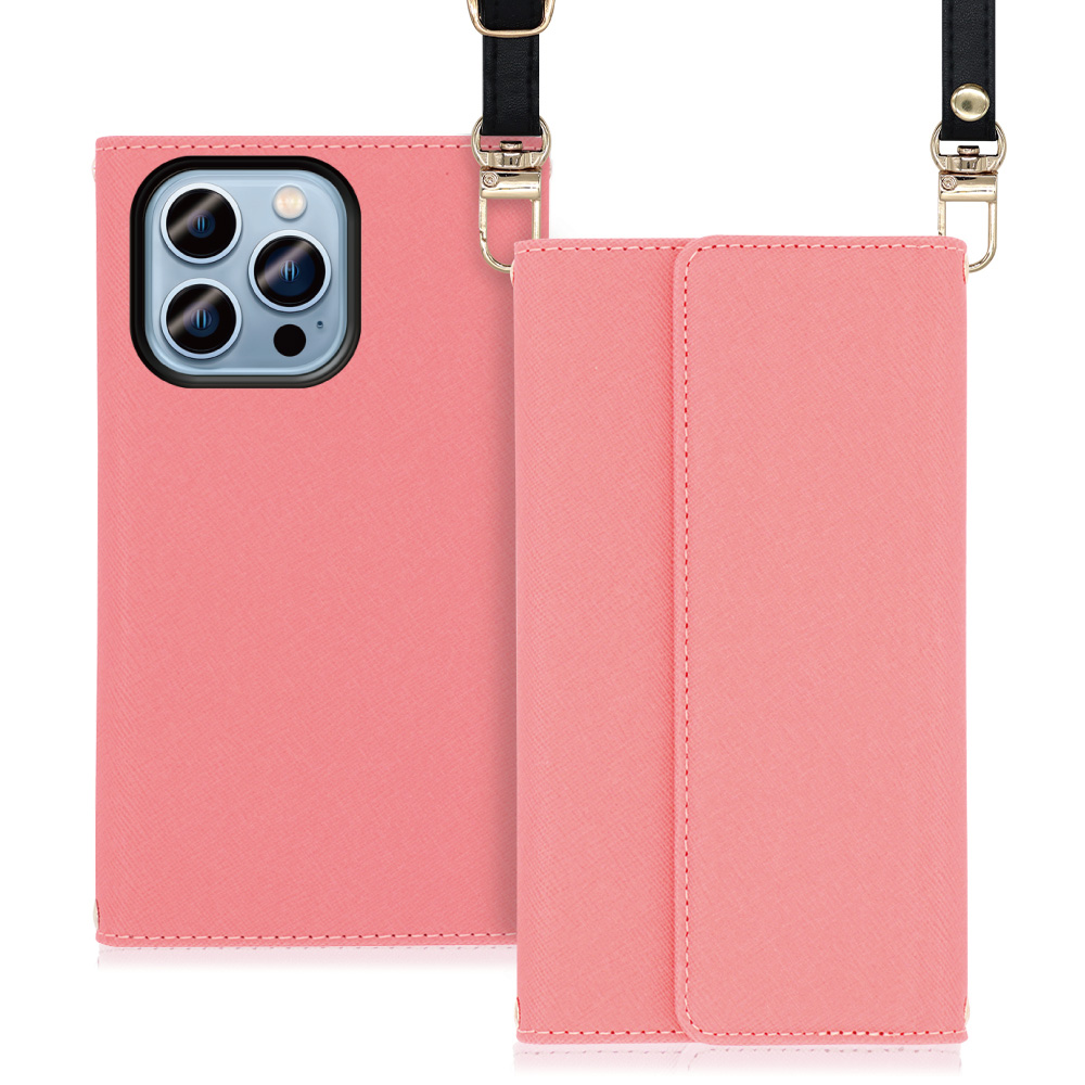 LOOF Strap Series iPhone 14 Pro Max 用 [ピンク] 両手が使える ネックストラップ ショルダー ロングストラップ付きケース カード収納 幅広ポケット